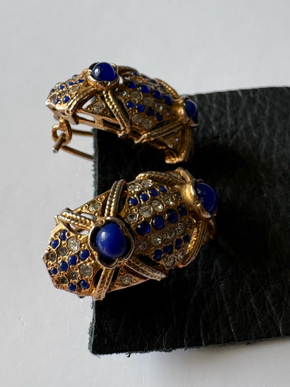Vintage Gold Domed Sculptural Lapis Cabochon Rhinestone Diamond Stud Earrings - Picture 5 of 16